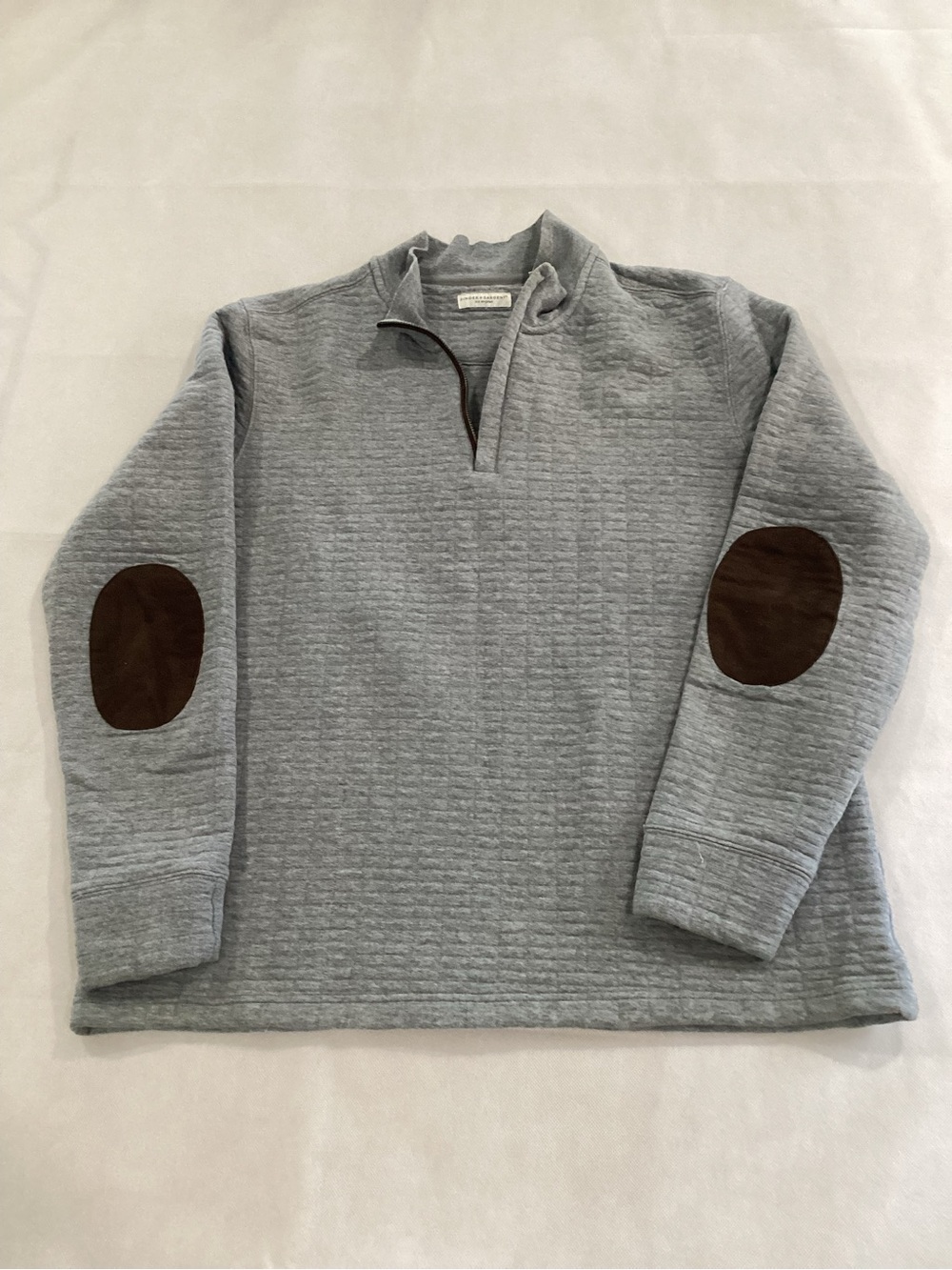 Men's Gray Quarter-Zip Sweater with Brown Elbow Patches size large 9/20